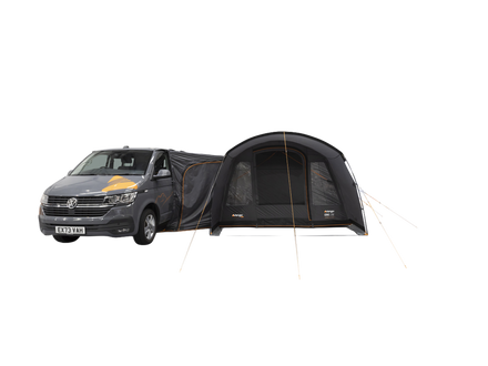 A Dark grey poled awning with a front poarch area, attached to a grey camper van, shown on a white background