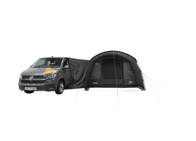 A Dark grey poled awning with a front poarch area, attached to a grey camper van, shown on a white background