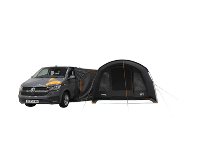 A Dark grey poled awning with a front poarch area, attached to a grey camper van, shown on a white background