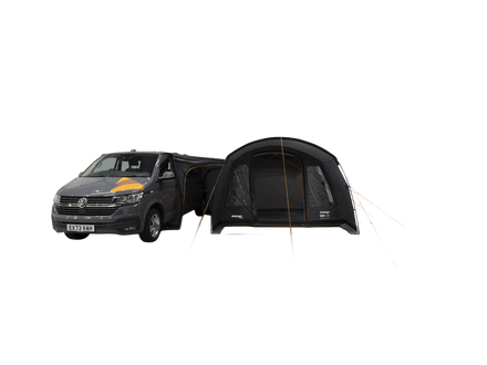 A Dark grey poled awning with a front poarch area, attached to a grey camper van, shown on a white background