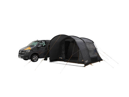 A Dark grey poled awning with a front poarch area, attached to a grey camper van, shown on a white background