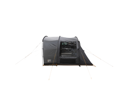 A Dark grey poled awning with a front poarch area, attached to a grey camper van, shown on a white background
