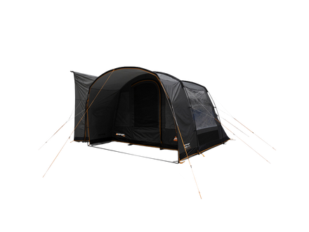 A black campervan awning with mesh windows and orange guy lines, shown on a plain white background.
