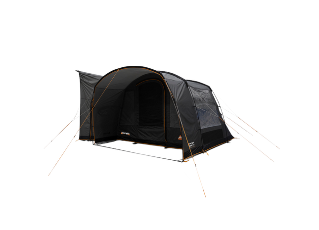 A black campervan awning with mesh windows and orange guy lines, shown on a plain white background.