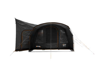 A black Vango poled awning with extended tunel, shown on a solid white background.