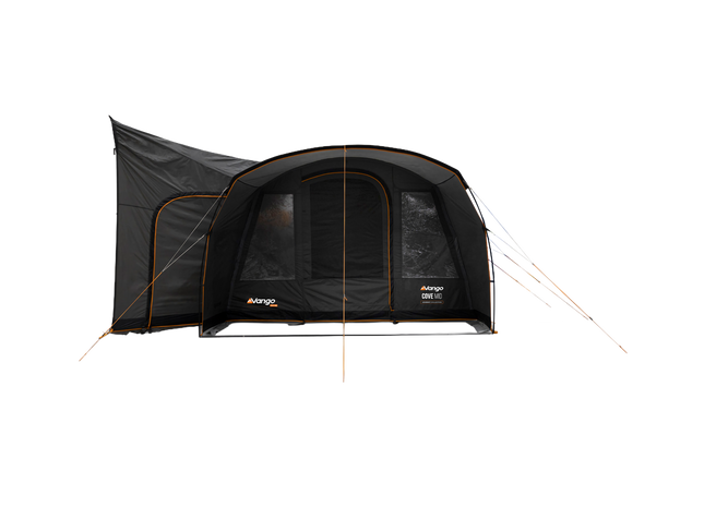 A black Vango poled awning with extended tunel, shown on a solid white background.