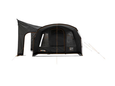 A black Vangocamping caravan awning with side tunel, shown on a solid white background.
