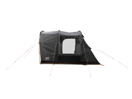 A black outdoor car tent with a mesh window and orange guy lines, shown on a plain white background.