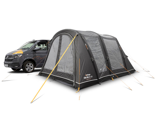 A Grey Vango air awning attached to the side of a campervan, shown on a white background