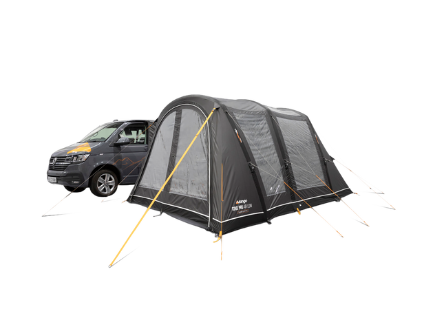 A Grey Vango air awning attached to the side of a campervan, shown on a white background