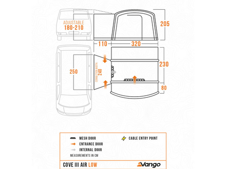 size dimensions of a vango kela 3 air low on a white bacground