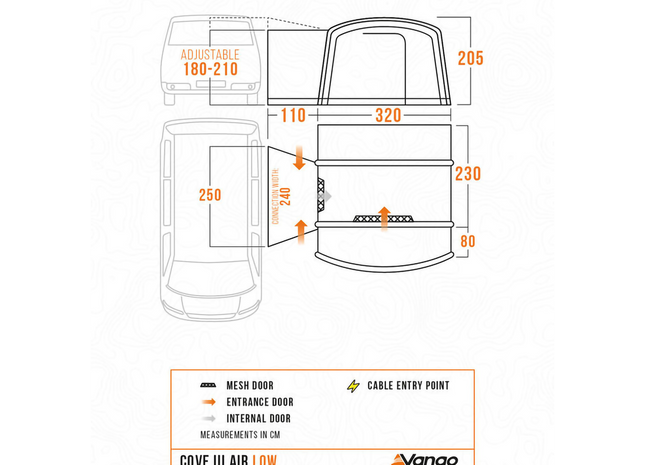size dimensions of a vango kela 3 air low on a white bacground