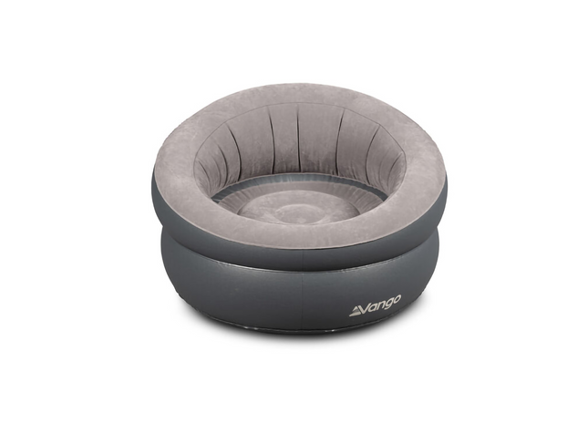 Gray inflatable chair with 'Vango' branding on a white background