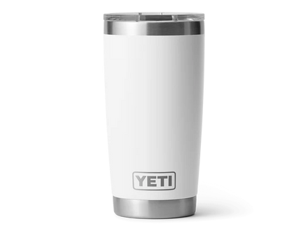 White YETI tumbler with a silver rim on a white background