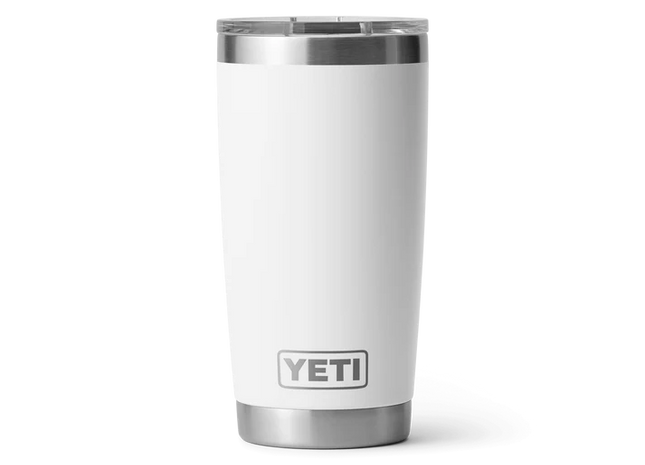 White YETI tumbler with a silver rim on a white background
