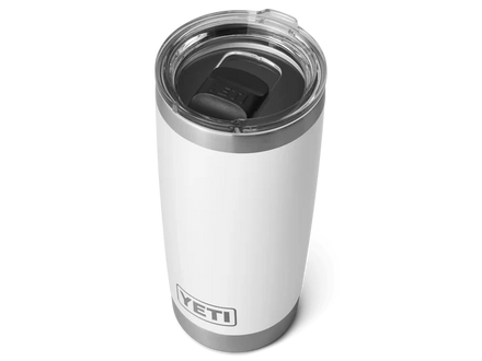 White YETI tumbler with a clear lid on a white background