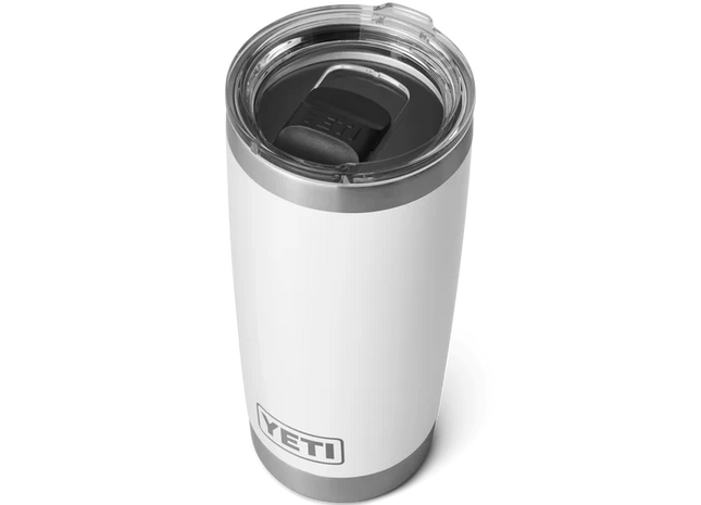 White YETI tumbler with a clear lid on a white background