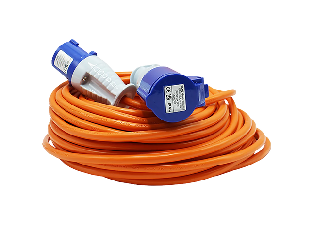 An orange extension cord coiled on a white background, featuring two blue and gray electrical outlet connectors.