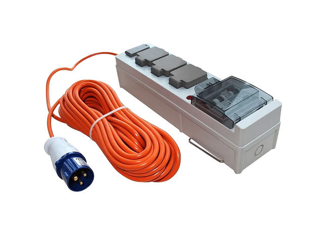 A white outdoor power strip with multiple gray switches, a translucent dark gray rain cover, and an attached orange extension cord with a blue and white three-pin plug, shown on a plain white background.