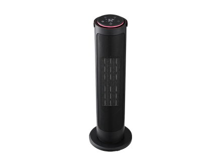 A modern black tower fan with a circular base and a top control panel featuring a red accent ring, shown against a plain white background.