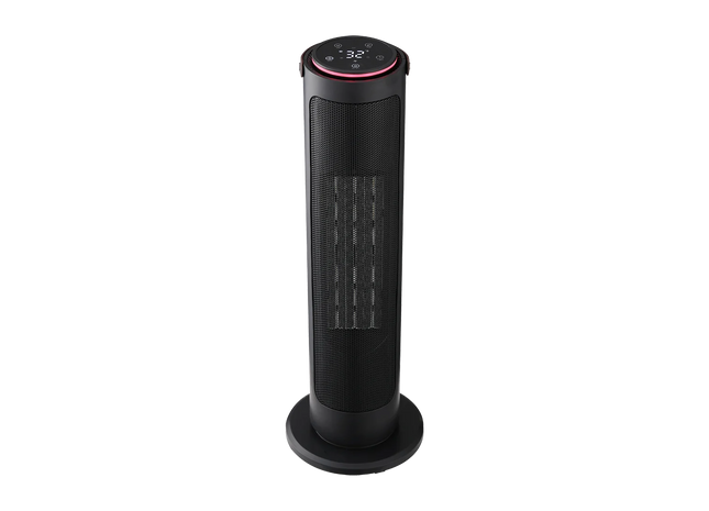 A modern black tower fan with a circular base and a top control panel featuring a red accent ring, shown against a plain white background.