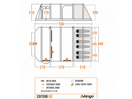 Technical drawing of a Vango tent with dimensions labeled