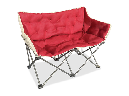 A red tufted butterfly-style folding camp chair with a silver metal frame, shown on a plain white background.