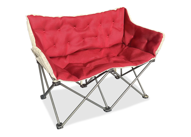 A red tufted butterfly-style folding camp chair with a silver metal frame, shown on a plain white background.