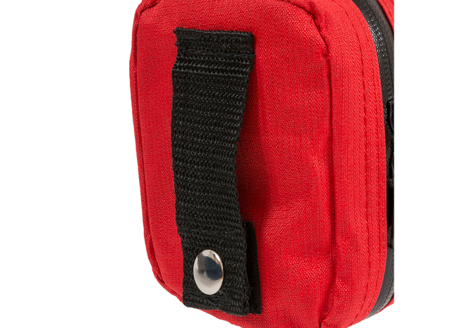 Close-up of a red fabric pouch with a black webbing strap and metal snap closure on a white background.