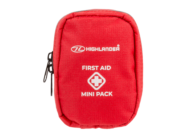 A red fabric first aid mini pack pouch with white printed text and logo, shown on a plain white background.