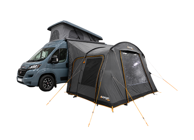 A dark gray and black Vango air awning with orange trim, shown attached to the side of a blue-gray camper van with a pop-top on a plain white background.