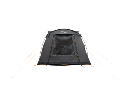 A dark gray and black Vango air awning with orange trim, shown attached to the side of a blue-gray camper van with a pop-top on a plain white background.