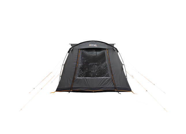 A dark gray and black Vango air awning with orange trim, shown attached to the side of a blue-gray camper van with a pop-top on a plain white background.