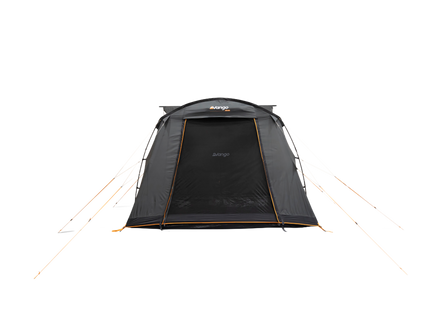 A dark gray and black Vango air awning with orange trim, on a plain white background.