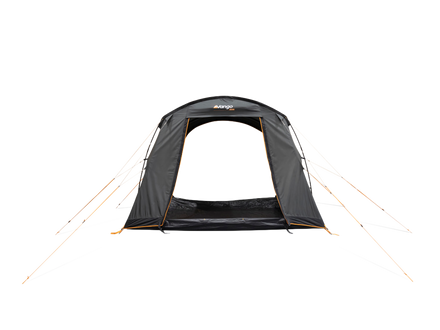 A dark gray and black Vango air awning with orange trim, on a plain white background.