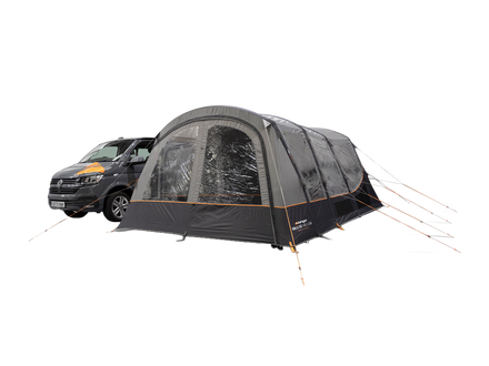 A dark gray air awning with transparent windows and orange guy lines, shown attached to the side of a dark gray campervan against a solid white background.
