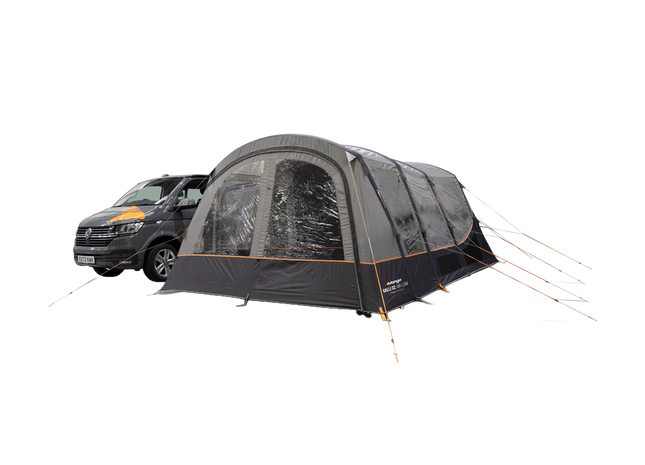 A dark gray air awning with transparent windows and orange guy lines, shown attached to the side of a dark gray campervan against a solid white background.