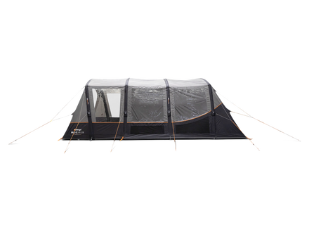 A dark gray air awning with transparent windows and orange guy lines, shown attached to the side of a dark gray campervan against a solid white background.
