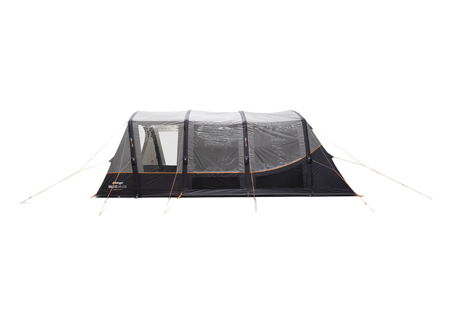 A dark gray air awning with transparent windows and orange guy lines, shown attached to the side of a dark gray campervan against a solid white background.