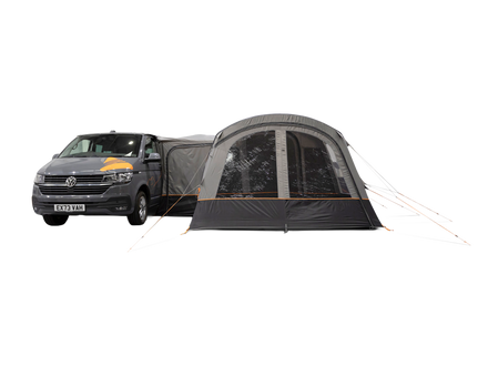 A dark gray air awning with transparent windows and orange guy lines, shown attached to the side of a dark gray campervan against a solid white background.