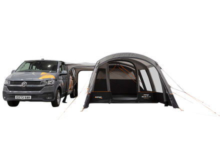 A dark gray air awning with transparent windows and orange guy lines, shown attached to the side of a dark gray campervan against a solid white background.