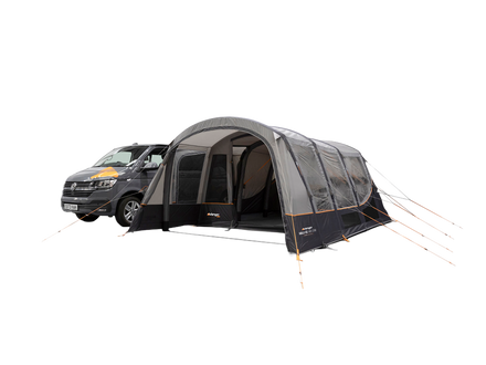 A large dark gray and black car tent with transparent side panels, shown attached to a dark gray van on a plain white background.