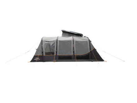 A dark gray and black air awning, shown pitched beside a dark gray motorhome on a plain white background.