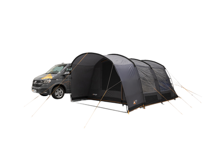 A Dark grey poled awning with a front poarch area, attached to a grey camper van, shown on a white background