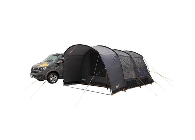 A Dark grey poled awning with a front poarch area, attached to a grey camper van, shown on a white background