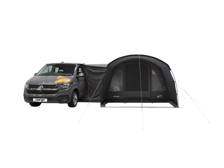 A Dark grey poled awning with a front poarch area, attached to a grey camper van, shown on a white background