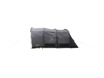 A Dark grey poled awning with a front poarch area, attached to a grey camper van, shown on a white background