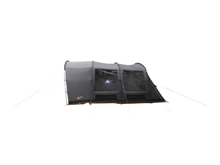 A Dark grey poled awning with a front poarch area, attached to a grey camper van, shown on a white background
