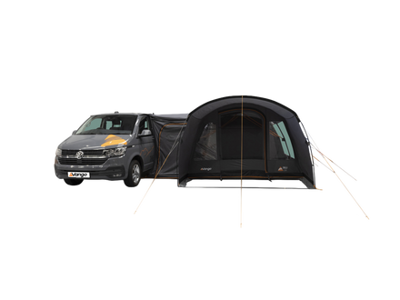 A Dark grey poled awning with a front poarch area, attached to a grey camper van, shown on a white background