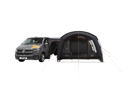 A Dark grey poled awning with a front poarch area, attached to a grey camper van, shown on a white background